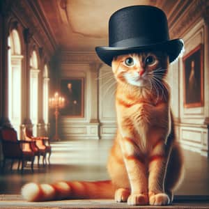 Stylish Orange Tabby Cat with Top Hat | Serene Room Backdrop