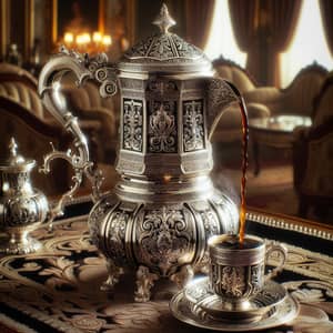 Elegant Victorian Coffee Pot Pouring Hot Coffee into Matching Mug