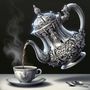 Elegant Victorian Coffee Pot Pouring Steaming Coffee into Ceramic Mug