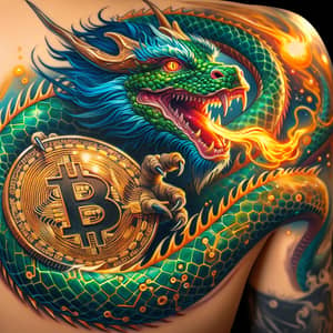 Vibrant Dragon Shoulder Tattoo with Golden Bitcoin Design