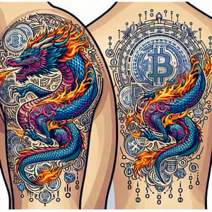 Intricate Dragon and Cryptocurrency Tattoo Design for Deltoid Area