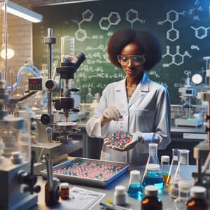 Professional Black Female Scientist Crafting Colorful Pills in High-Tech Laboratory