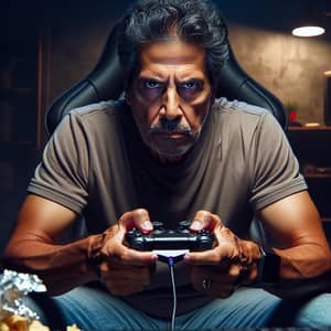 Middle-Aged Hispanic Man Playing Fortnite in Gaming Chair