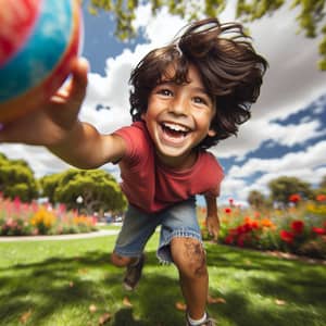 Joyful Hispanic Boy Playing with Colorful Ball in Lush Park