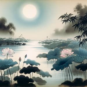 Serene Lotus Pond Under Moonlight - Traditional Chinese Landscape