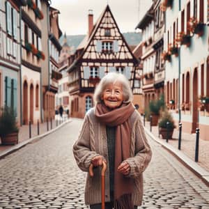 Elderly Woman Walking in Historic Haguenau | French Architecture