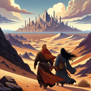 Desert Journey Fantasy Illustration: Monk and Sorcerer in Enchanting Landscape