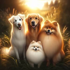 Playful Golden Retriever, Japanese Spitz, Pomeranian in Meadow