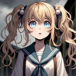 Blonde Girl in Korean School Uniform Looking Fearful - Somber Building Background