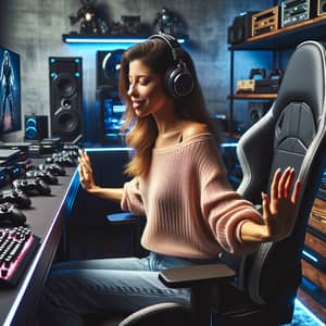 Hispanic Female Music Lover Immersed in Gaming Room Ambiance