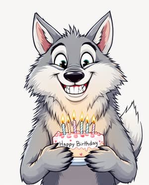 Happy Cartoon Gray Wolf with Birthday Cake
