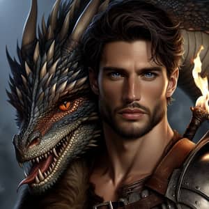 Masculine Warrior with Loyal Dragon Companion