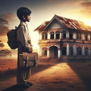 Hopeful South Asian Boy Gazing at Cherished School Building