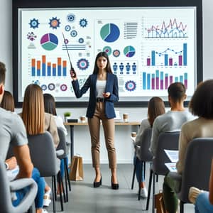 Hispanic Female Student Presenting Research with Colorful Charts