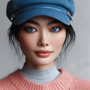 Stylish Korean Woman with Blue Eyes in Pink Sweater