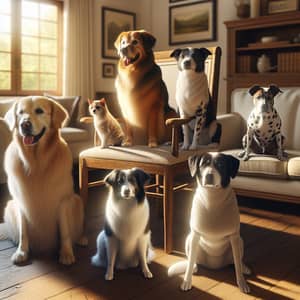 Diverse Array of Dogs Relaxing on Antique Chair