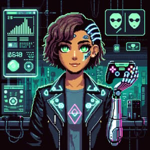 Minimalistic Cyberpunk Woman with Gamepad Pixel Art