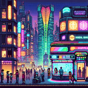 Pixel Art Cyberpunk City with Vibrant Shop Scene