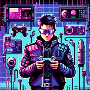 Cyberpunk Gamer in Pixel Art Style