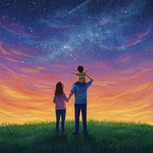Family Enjoying a Starry Night in Oil Pastel