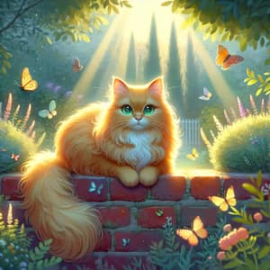 Sunny Garden Scene: Yellow Cat with Green Eyes on Brick Wall