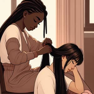 Intimate Illustration of Young Woman Braiding Asian Boyfriend's Hair