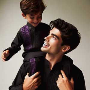 South Asian Boy Carrying Son in Black and Purple Outfits