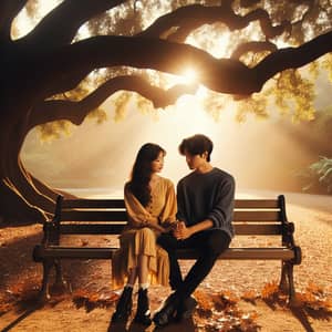 Romantic Scene of East Asian Woman & Middle Eastern Man on Park Bench