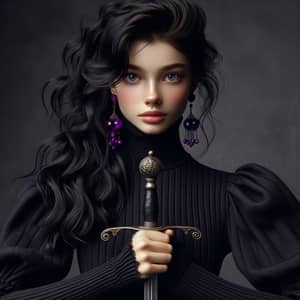 Young English Girl with Black Wavy Hair Holding Sword