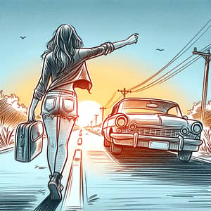 Woman Hitchhiking on the Road | Illustration