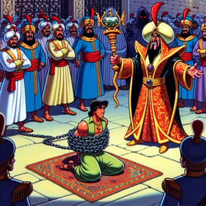 Aladdin Captured: Prince Chained and Watched by Jafar