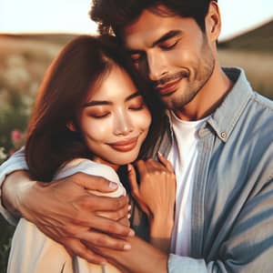 Loving Embrace of a South Asian Woman and Hispanic Man in a Blooming Field