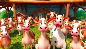 Whimsical 3D Cartoon Farm with Playful Cows