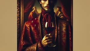 Regal Figure with Red Wine in Luxurious Setting - Classical Oil Painting Style