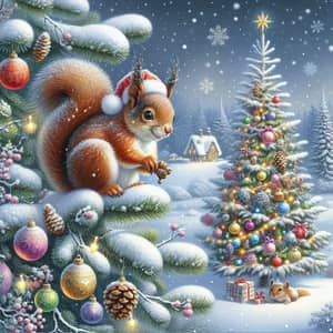 Festive Christmas Scene with Charming Squirrel and Snowy Pine Tree