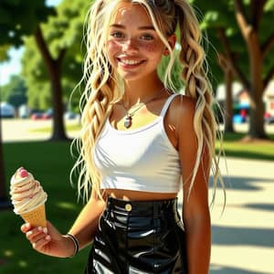 Blonde Teen in Park with Ice Cream - Cute Style