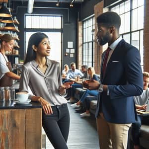 Dynamic South Asian Software Engineer Meeting Tech Recruiter in Modern Coffee Shop