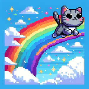 Pixelated Grey Cat Flying with Rainbow