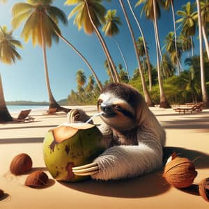 Sloth Relaxing on a Tropical Beach with Coconut