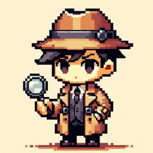 Chibi-Style East Asian Detective Pixel Art Illustration