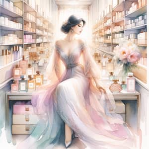 Elegant Watercolor Art of South Asian Woman in Perfume Store