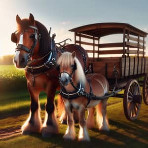 Beautiful Horse and Pony Pulling Empty Cart | Serene Field Scene