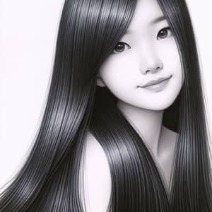 Detailed Pencil Drawing of Young Asian Girl with Long Black Hair