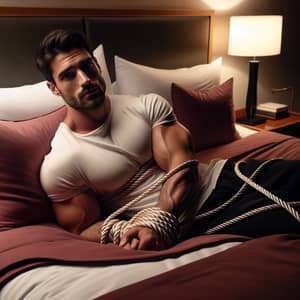 Muscular Man Tied to Bed | Neutral Expression | Soft Ropes