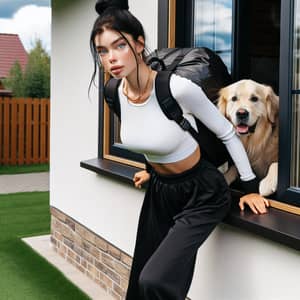 Young Woman Climbing Through Window with Golden Retriever