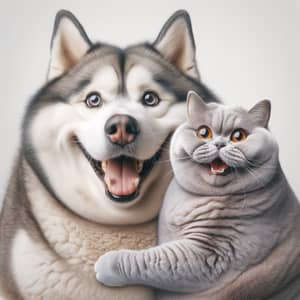 Adorable Overweight Husky and Plump British Cat Embracing Joyfully