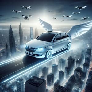 Futuristic White Lada Granta with Wings Soaring Above Cityscape