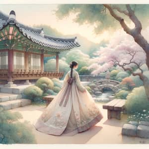 Traditional Korean Hanbok Watercolor Painting with Serene Garden Scene