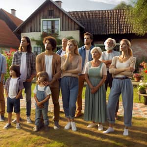 Diverse Family Standing in Country House Courtyard