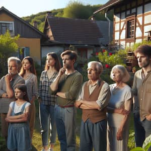 Tranquil Family Contemplating in Country House Courtyard